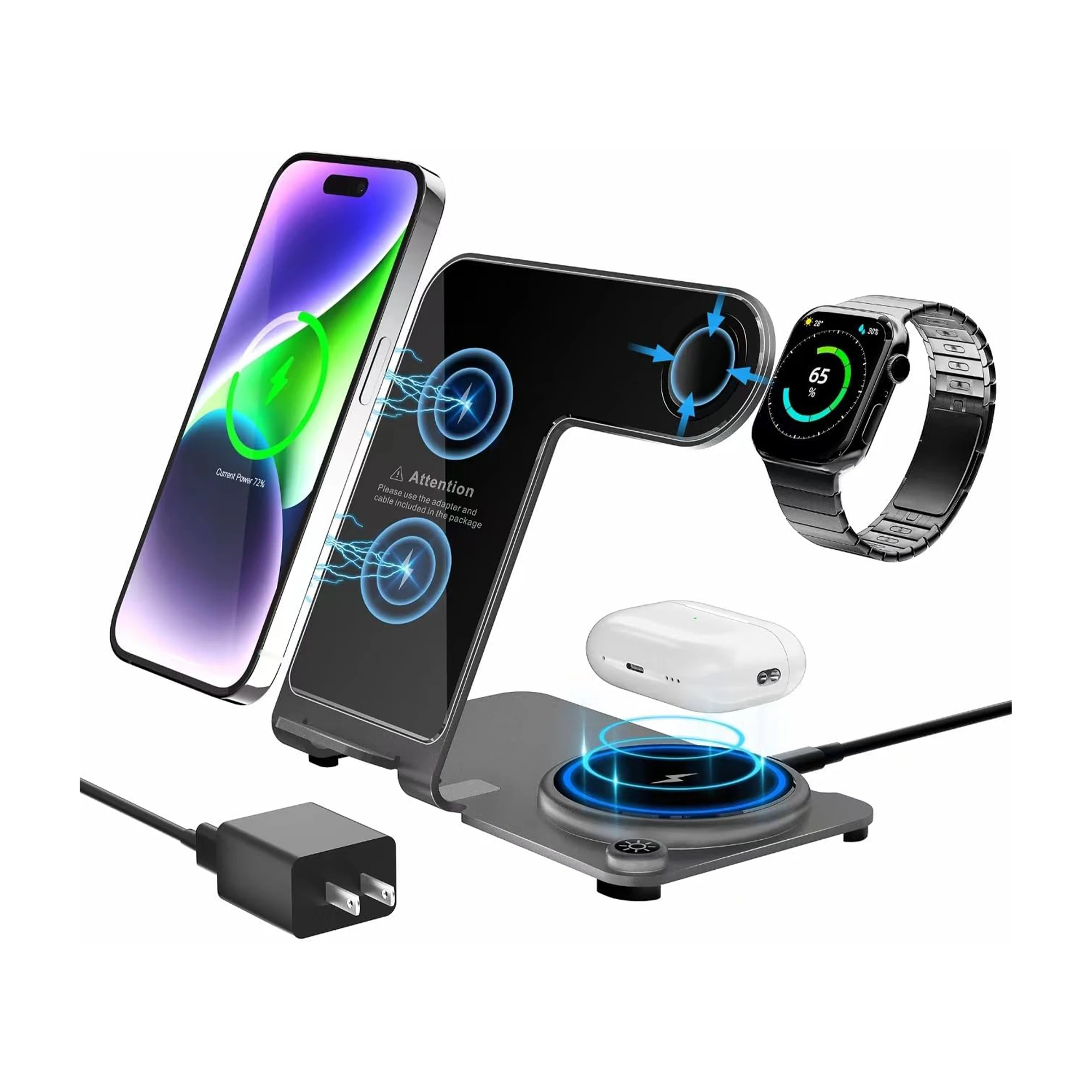 Wireless Charger, Aluminum Alloy 3 in 1 Wireless Charging Station for Apple iPho