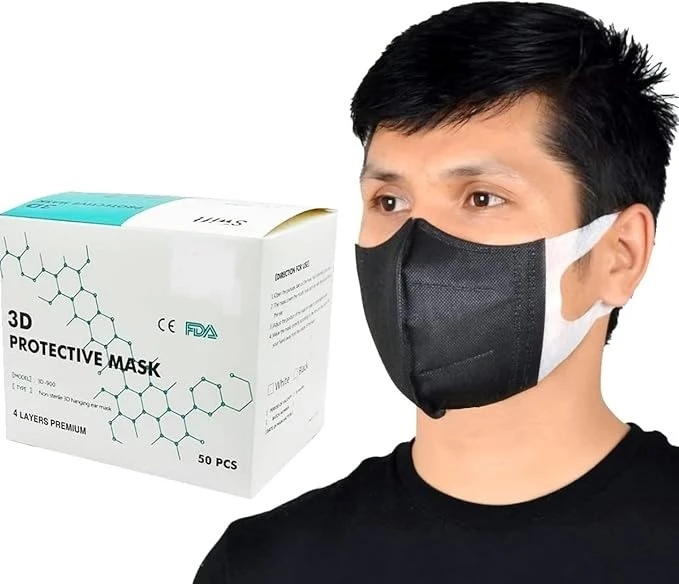 3D Face Masks - 50 Pcs, Black, Disposable and Breathable Protective Masks