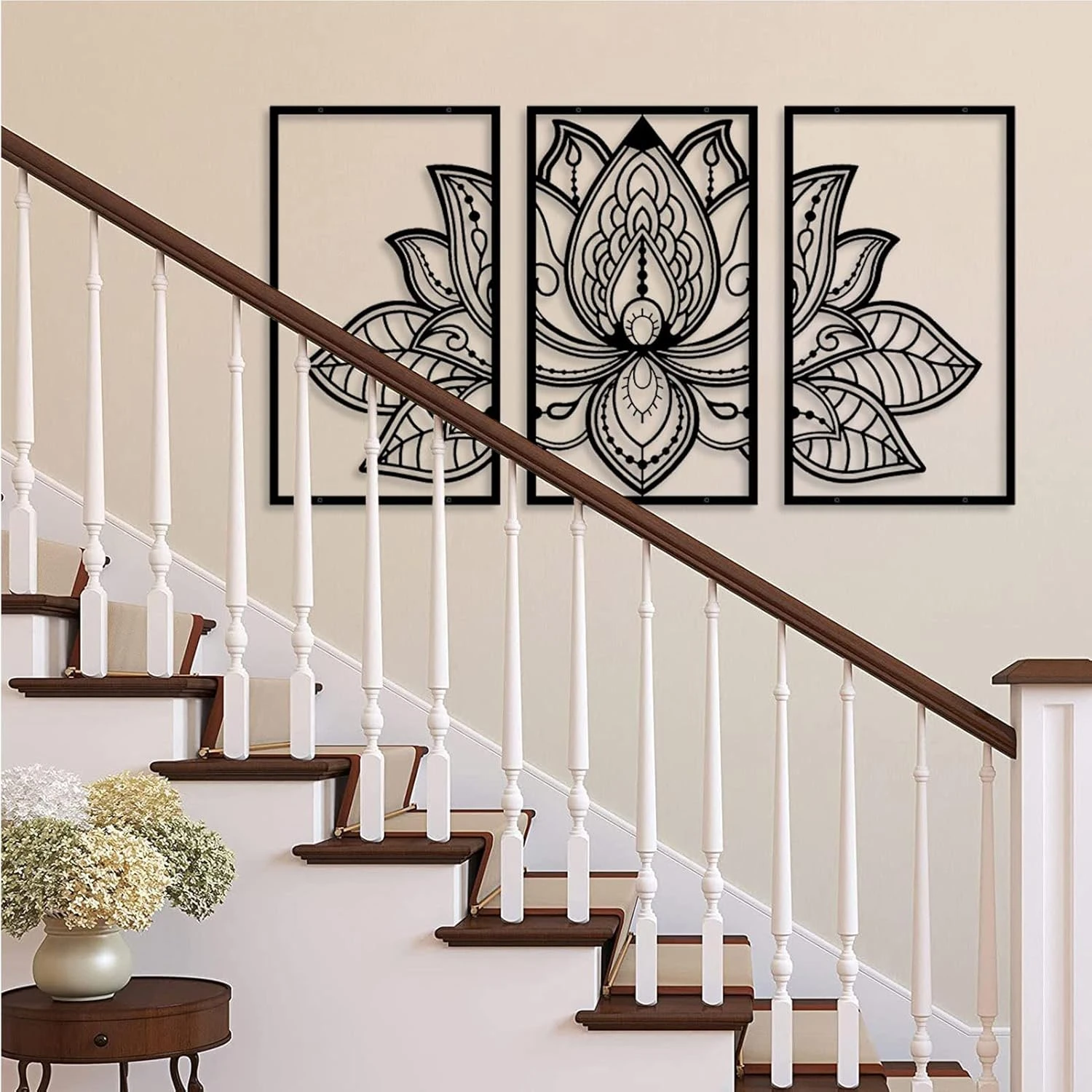 3-Piece Lotus Flower Acrylic Wall Art – Mandala-Inspired Black Wall Decor | Modern Hanging Art for Living Room, Bedroom, Office, Yoga Room (Each 56x33 cm)