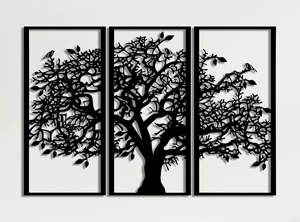 3-Panel Family Tree Acrylic Wall Decor – Tree of Life Design | Modern 3D Wall Art for Living Room, Bedroom, or Hallway | Black Laser-Cut Panels (25x50 cm Each)