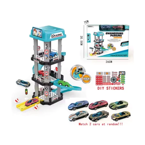 8996-1 Hot Parking Lot Toy Set | Multi-Level Model Car Garage with Racing & Engineering Cars | Assembly Kit with Stickers | Ages 3+