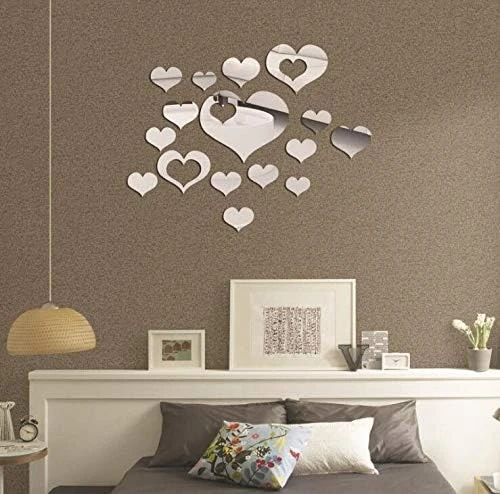 13 PCS Heart Shape Mirror Wall Stickers – Silver Acrylic Removable Decals for Valentine’s Day & Home Decoration | Self-Adhesive DIY Wall Art