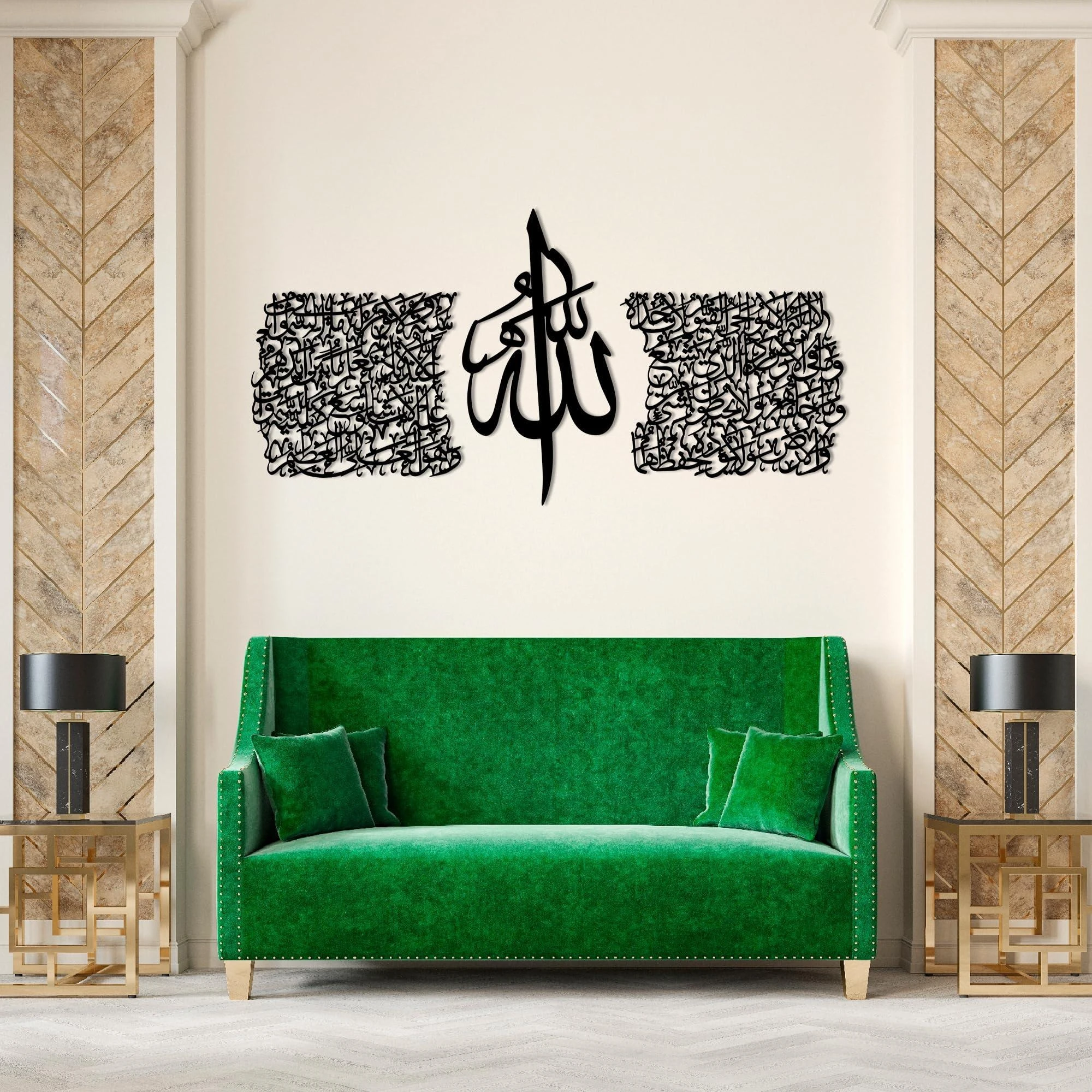 Acrylic Ayat ul-Kursi Wall Art – Set of 3 Panels | Silver & Gold Arabic Calligraphy | Modern Islamic Wall Decor (100x45 cm)