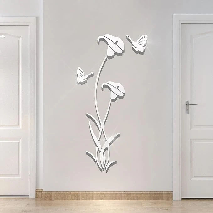 Acrylic Mirror Flower Wall Sticker – DIY Silver Glass-Like Decal for Living Room, Bedroom, TV Wall, and Home Decor (180x95 cm)