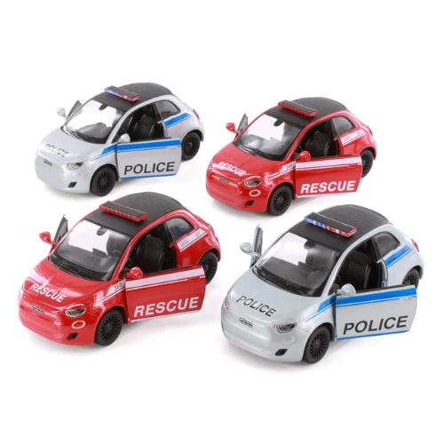 KiNSMART FIAT 500e Police & Firefighter Rescue Edition | 1:28 Scale Die-Cast Metal Model Car | Pull-Back Action, Openable Doors – KTS440DPR (EOS Series)