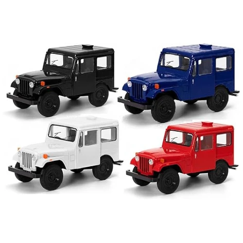 KiNSMART Set of 4 – 1971 Jeep DJ-5B Die-Cast Model Toy Jeeps | 1:26 Scale 5" Metal Miniatures with Pull Back Action – Black, White, Red & Blue