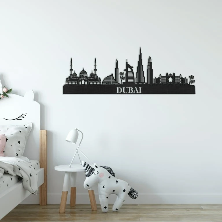 Legacy Cuts Dubai Skyline Wall Art – Black Baltic Birch Silhouette | Modern UAE Cityscape Home Decor | Burj Khalifa Urban Cutout for Living Room, Office, Bedroom (66" x 25")