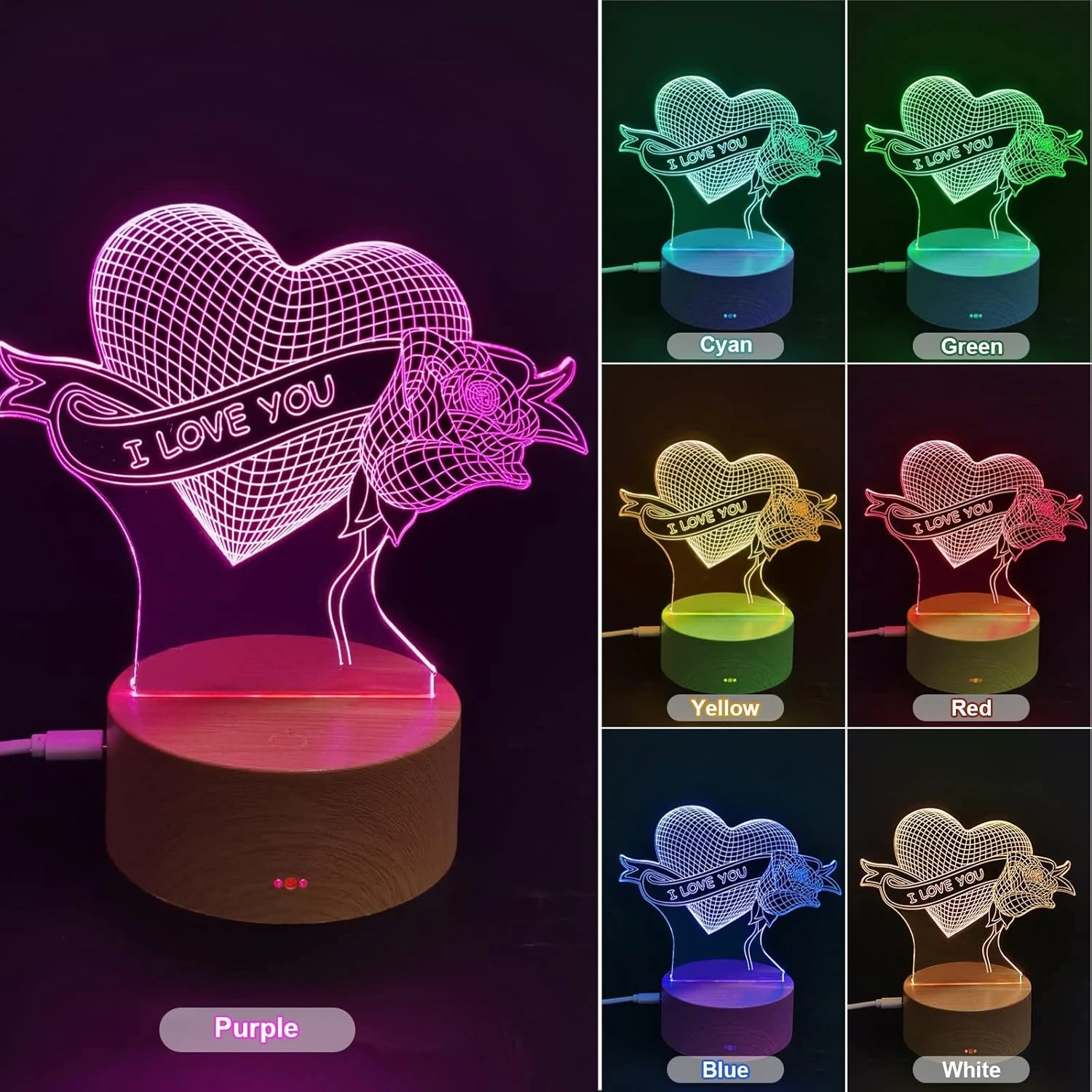 I Love You 3D Illusion Lamp – Acrylic LED Heart & Rose Night Light for Romantic Gifts & Décor