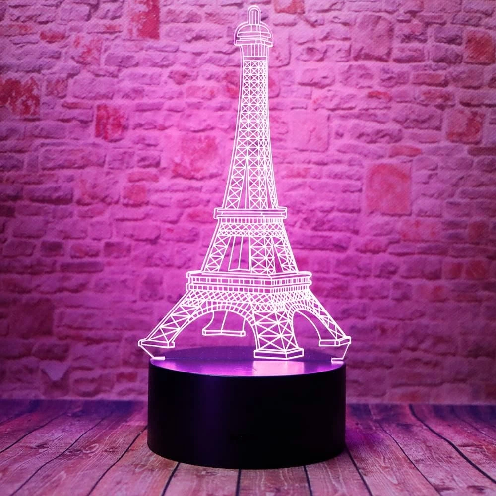 Cute Romantic Eiffel Tower 3D Optical Illusion LED Night Light – Paris Style Acrylic Lamp for Kids, Bedroom & Gifts