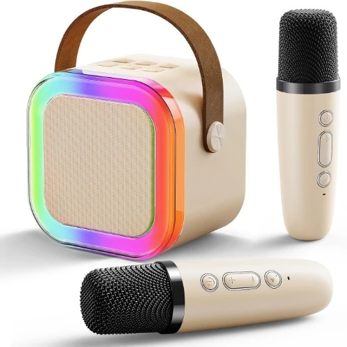 PADOM Portable Karaoke Machine with 2 Wireless Microphones – Mini Bluetooth Speaker Mic for Kids & Adults – Home KTV, Outdoor Party, Travel – Beige