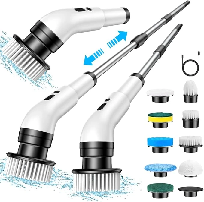 Electric Spin Scrubber – (7 in 1) Cordless Cleaning Brush with 7 Heads, 2 Speeds, Adjustable Handle (137cm), for Bathroom, Floor & Tile