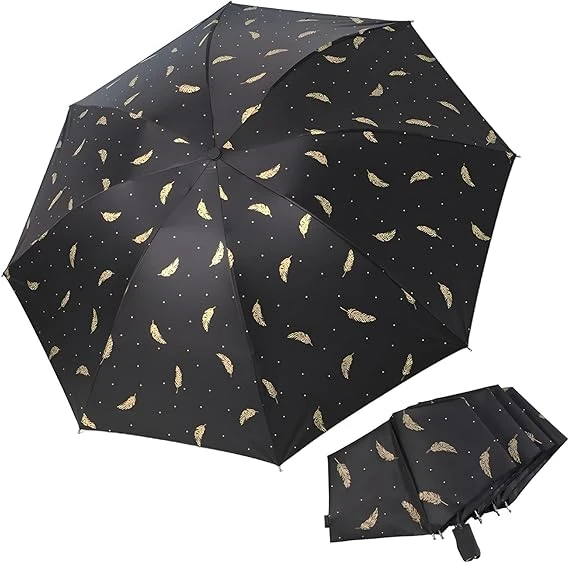 Leather Pattern Portable Folding Umbrella – Black | Sun & Rain Protection, Windproof, Compact Travel Umbrella