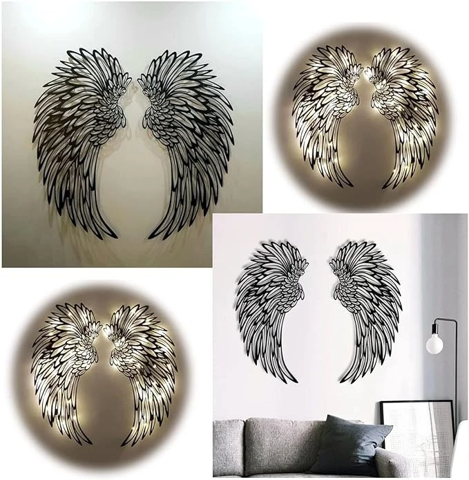 1 Pair Angel Wings Wall Art Decorate with Led Lights, , 3D Metal Angel Wings Wall Sculptures, DIY Art Hanging Decor for Home Bedroom Living Room Garden Office Store