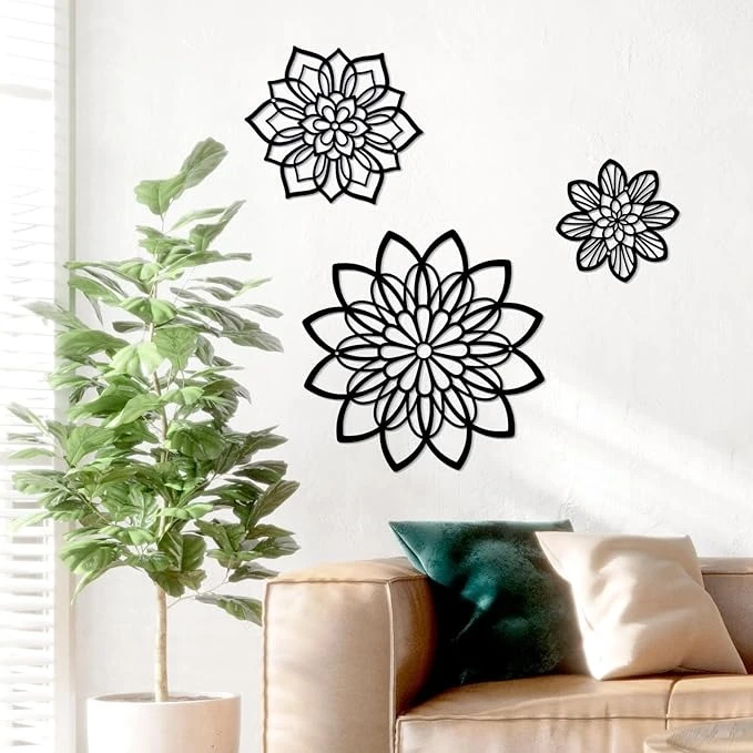 3 Pieces Flowers Wall Decor, Black Wall Decors, Flower Art Wall Decor Farmhouse Wall Decoration Multiple Flowers Hanging Decor for Bathroom Living Room Garden Office