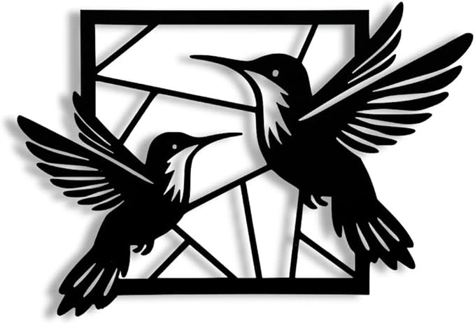 Geometric Hummingbirds Metal Wall Art – 2 Birds in Flight with Abstract Frame