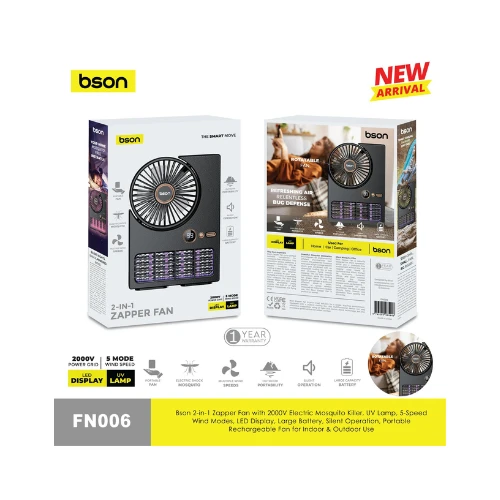 BSON 2-in-1 Mosquito Zapper Fan – 5-Speed Rotatable Fan with UV Lamp, 2000V Electric Shock Grid, Rechargeable, LED Display – Portable for Home, Car, Office & Camping