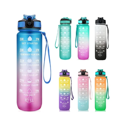 Ritte 1L Motivational Water Bottle with Time Markings & Straw – BPA-Free, Leakproof, Reusable Sports Bottle for Gym, Hiking, Running, Cycling – Blue + Purple