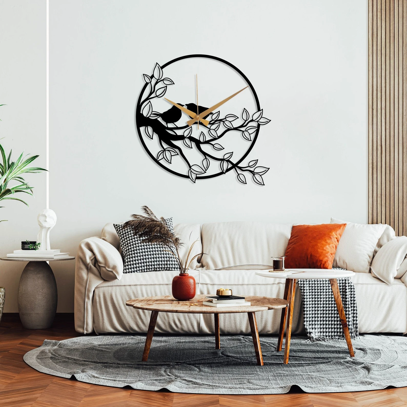 Birds on Branch Acrylic Wall Clock | Metal Look Bird Wall Art | Silent Modern Clock for Home Decor