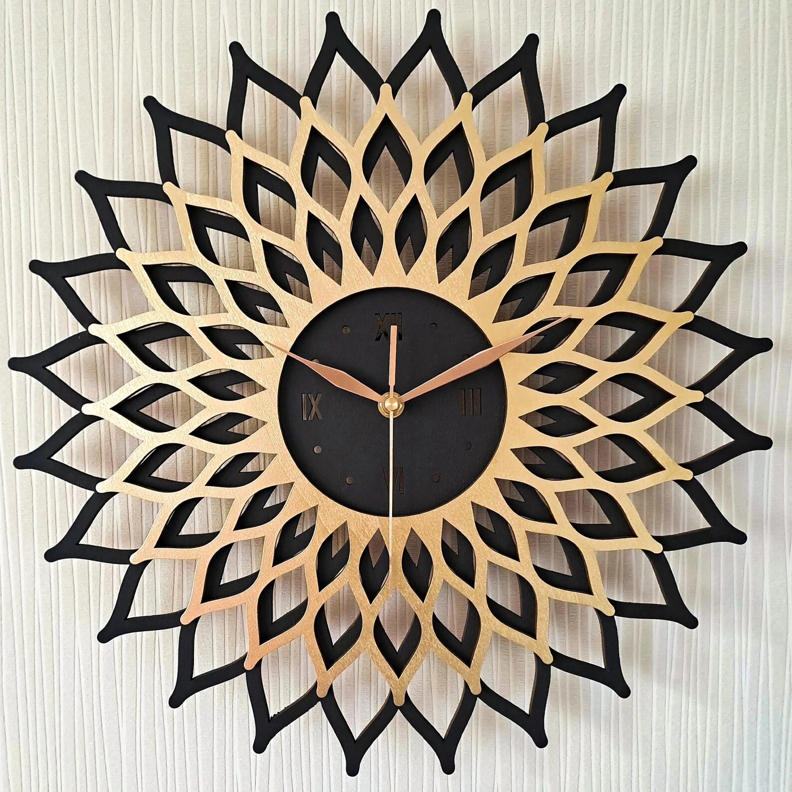 BOHO Sunburst Wooden Wall Clock | Mid-Century Modern Handmade Fretwork | Silent Gold Acrylic Clock