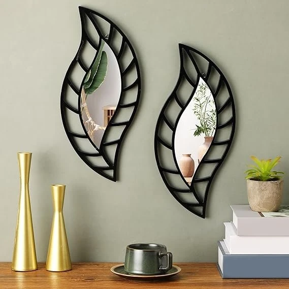2 Pcs Leaf Teardrop Acrylic Mirror Wall Decor | Small Decorative Mounted Art for Living Room, Bedroom, Bathroom & Office