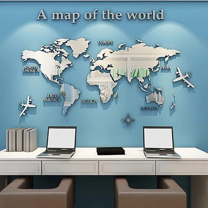 🗺️ 3D World Map Acrylic Wall Mirror – Elegant Modern Wall Decor