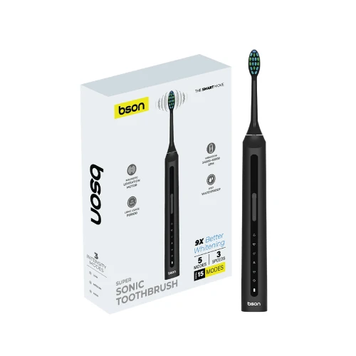 BSON Wireless Sonic Toothbrush – 15 Modes, 60-Day Battery Life, Wireless Charging, 5 Cleaning Modes, 3 Intensity Levels, 3 Extra Brush Heads, IPX7 Waterproof – Super Whitening Electric Toothbrush