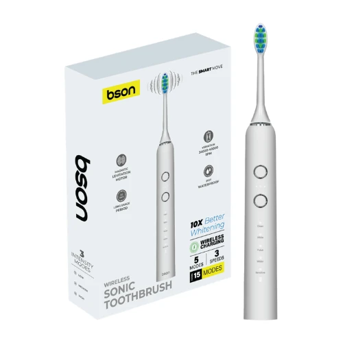 BSON Sonic Electric Toothbrush – Ultra Whitening, 15 Modes, 30-Day Battery, IPX7 Waterproof & Type-C Charging