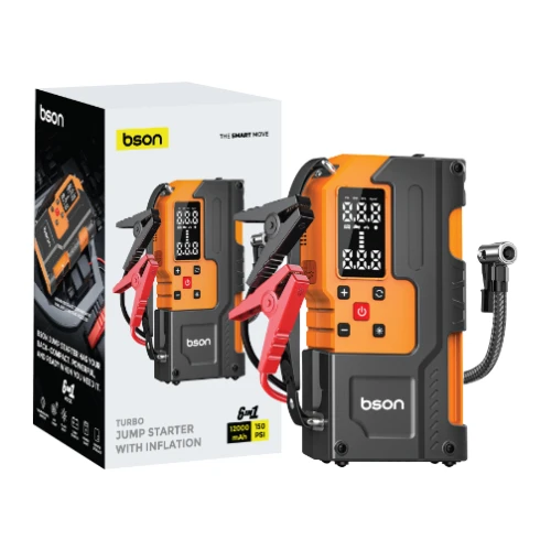 Bson Turbo Jump Starter – 6-in-1 Emergency Kit with 12000mAh Battery, Air Inflator, Power Bank & Flashlight