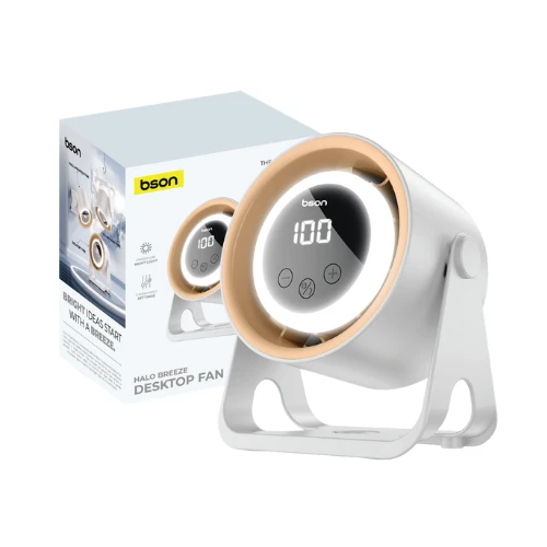 Bson Halo Breeze Desktop Fan – 2-in-1 Cooling Fan & Atmosphere Night Light, Silent, 5 Speeds, LED Display & 360° Rotation