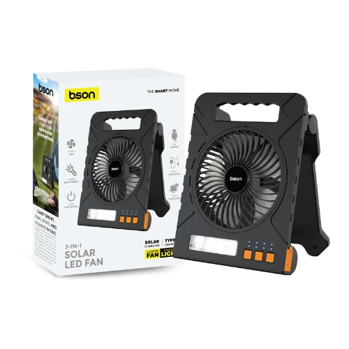 Bson 3-in-1 Solar LED Fan – 4-Speed Cooling Fan with 3 Light Modes, Power Bank, Solar & Type-C Charging, USB Output & Flashlight