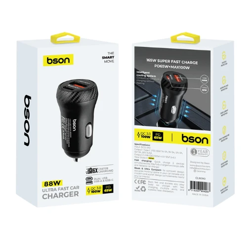 Bson 88W UltraFast Car Charger – Dual USB Ports (USB-A & USB-C), QC3.0 100W Max & PD 65W with Smart Safety Protections