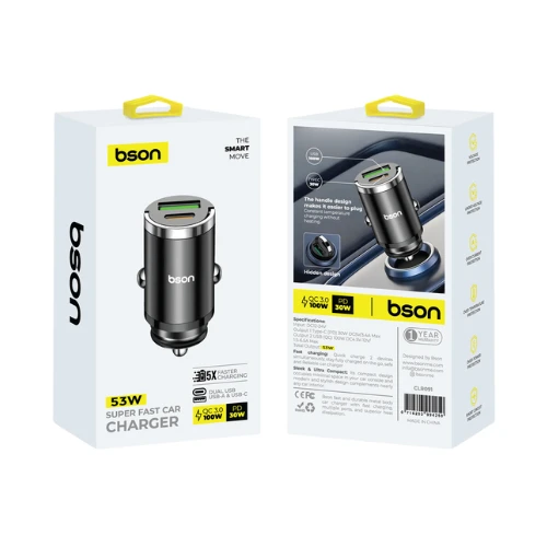 Bson 53W Super Fast Car Charger – Dual USB Ports (USB-A & USB-C), QC3.0 100W Max + PD 30W with Smart Safety Protections