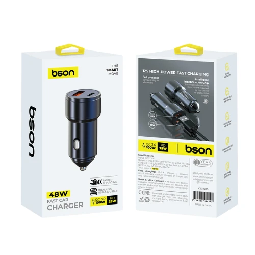 Bson 48W Fast Car Charger – Dual USB Ports (USB-A & USB-C), QC3.0 100W Max + PD 25W with Smart Safety Protections