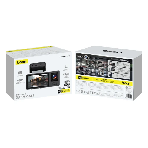 BSON Tri-Vision Dash Cam – 3-Channel Recording with 1080P Front, 480P Rear & Interior, Infrared Night Vision, 3-Inch Display, Built-in WiFi & Stereo Audio