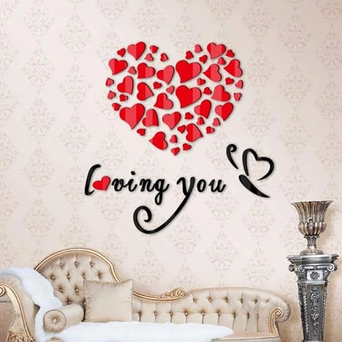 Romantic Love Heart Pattern Wall Stickers | 3D Acrylic Mirror Wallpaper | Wedding & Bedroom Home Decor