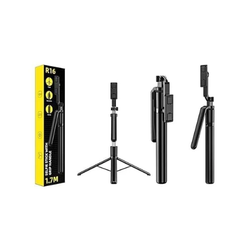 R16 Selfie Stick Tripod with Remote – 1.7M Extendable Tripod Stand with Grip Handle, Wireless Bluetooth Remote for Smartphones & Cameras