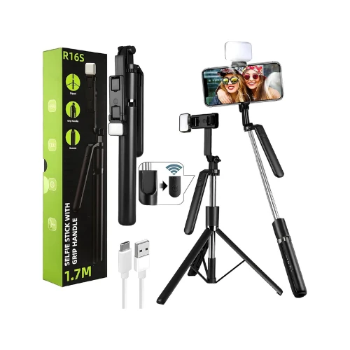 R16S Selfie Stick Tripod with Wireless Remote – 1.7M Extendable Tripod Stand with Grip Handle, Lightweight Portable Selfie Stick for Smartphones