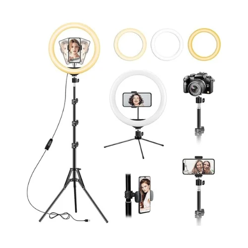 14-Inch LED Ring Light Kit with 74" Adjustable Tripod & Desk Stand – Multi-Color Lighting with Phone Holder for Makeup, Selfies, Videos & Zoom