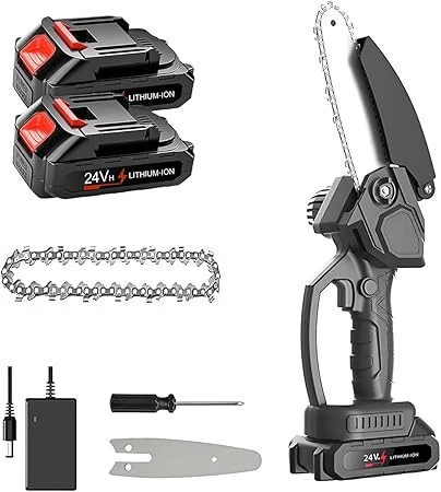 Gluckluz Mini Chainsaw Cordless Chain Saw Electric Handheld 6 Inch Chain Saw with 2 * 24V Rechargeable Battery & Safety Lock for Tree Trimming Wood Cutting Household Garden Pruning Work (Black)