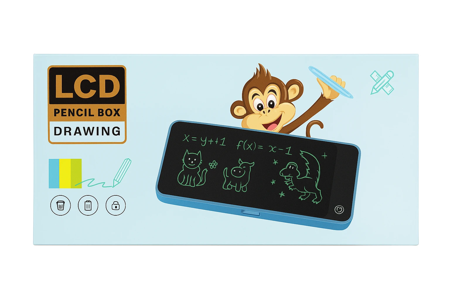 LCD Pencil Box Drawing Tablet for Kids – 2-in-1 Digital Writing Board & Stationery Organizer with Monkey Design