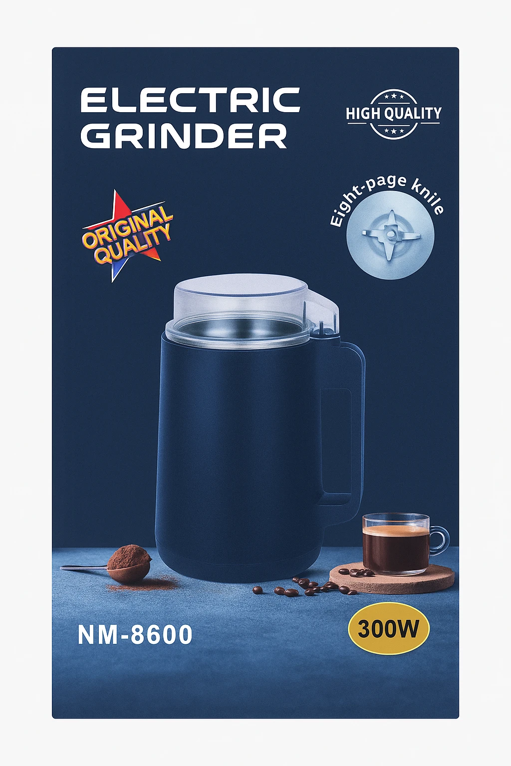 NM-8600 Electric Coffee Grinder – 300W Stainless Steel High-Speed Grinder for Beans, Nuts & Spices