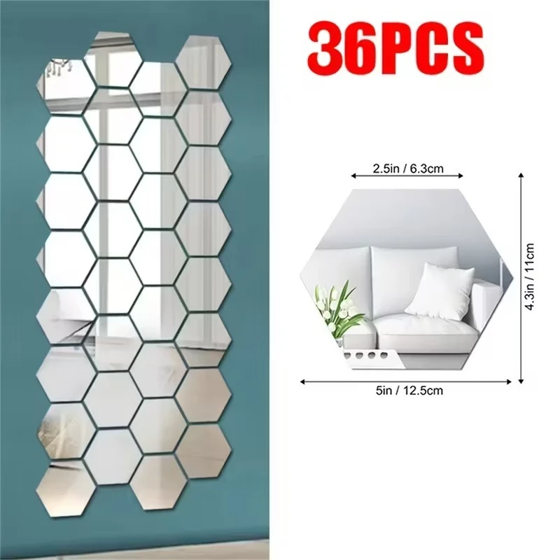 36PCS Hexagon Acrylic Mirror Wall Stickers – 3D DIY Decorative Wall Art for Home & Office