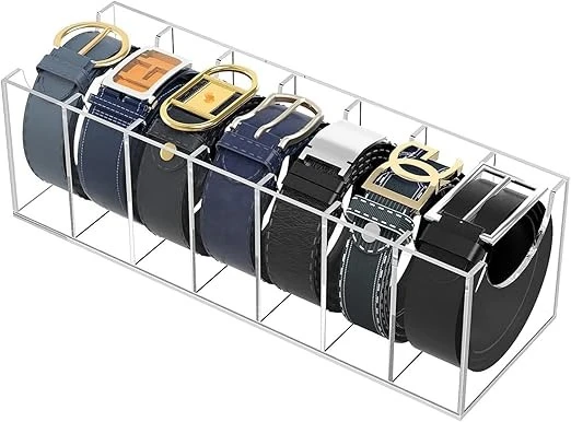 Acrylic Belt Organizer – Clear Belt Storage Holder for Closet, 7-Compartment Display Case for Belts, Ties & Bow Ties, Transparent Closet Organizer Box