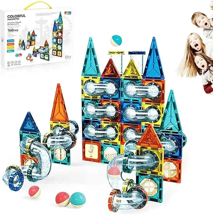 Magnetic Pipeline Construction Set – 168 Pieces Ice-Themed STEM Building Blocks with Clear Tubes & Rolling Balls