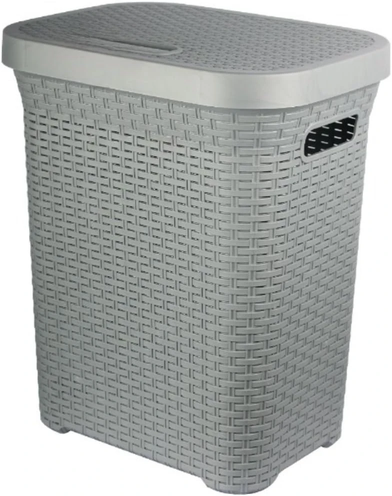 Laundry Hamper with Lid/Large Capacity Plastic Clothes Basket with Woven Rattan Design, Built-In Side Handles for Easy Carrying, Durable and Lightweight, Ideal for Bathroom or Bedroom – Grey